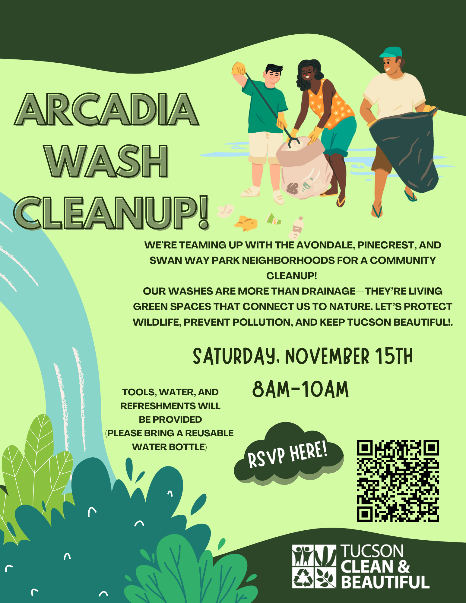 Flyer for Arcadia Wash Community Cleanup on Saturday, November 15th from 8-10am.