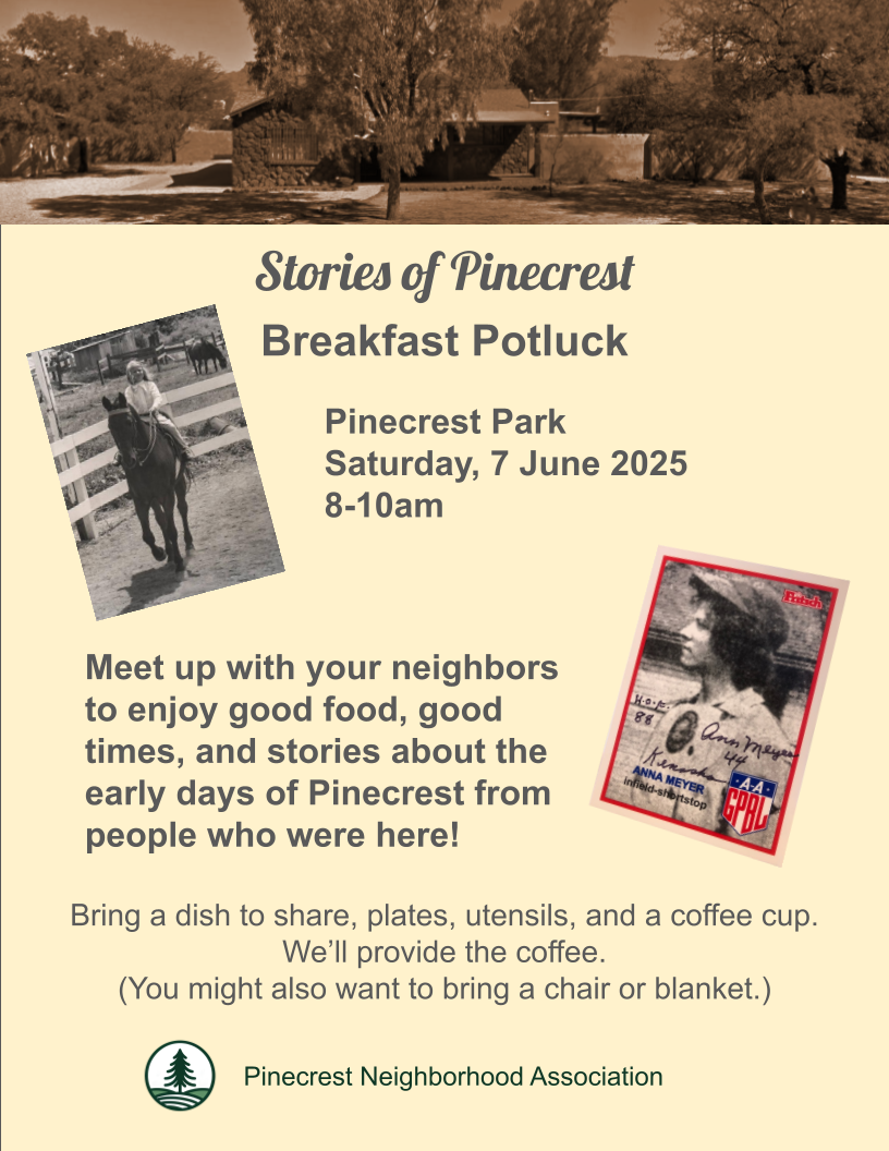 Flyer for Stories of Pinecrest breakfast potluck on June 7th.