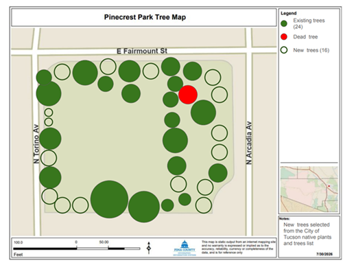 A plan of potential tree plantings in Pinecrest Park.