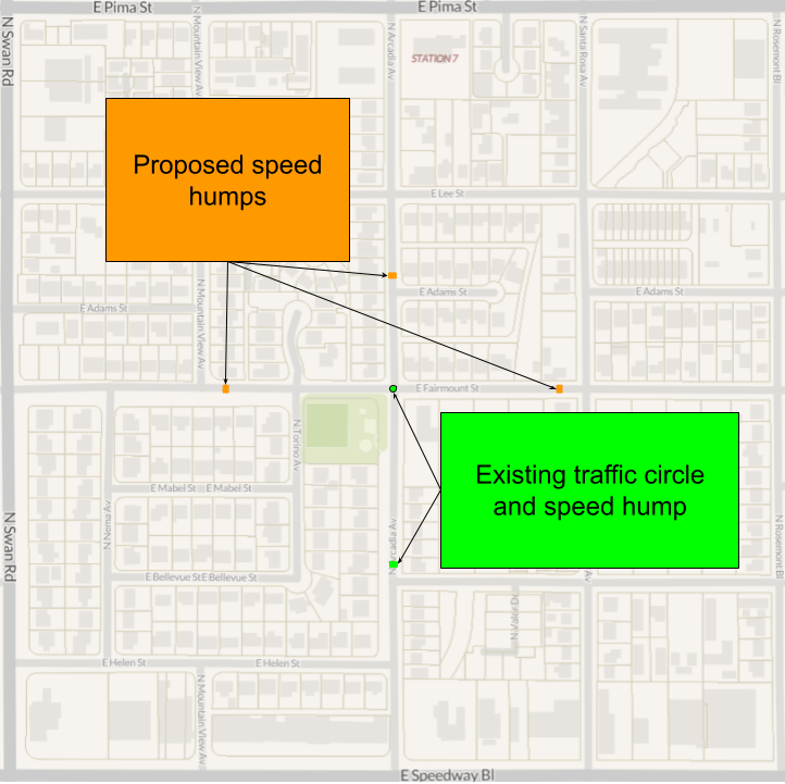 A map showing potential locations for additional speed humps on Arcadia and Fairmount.