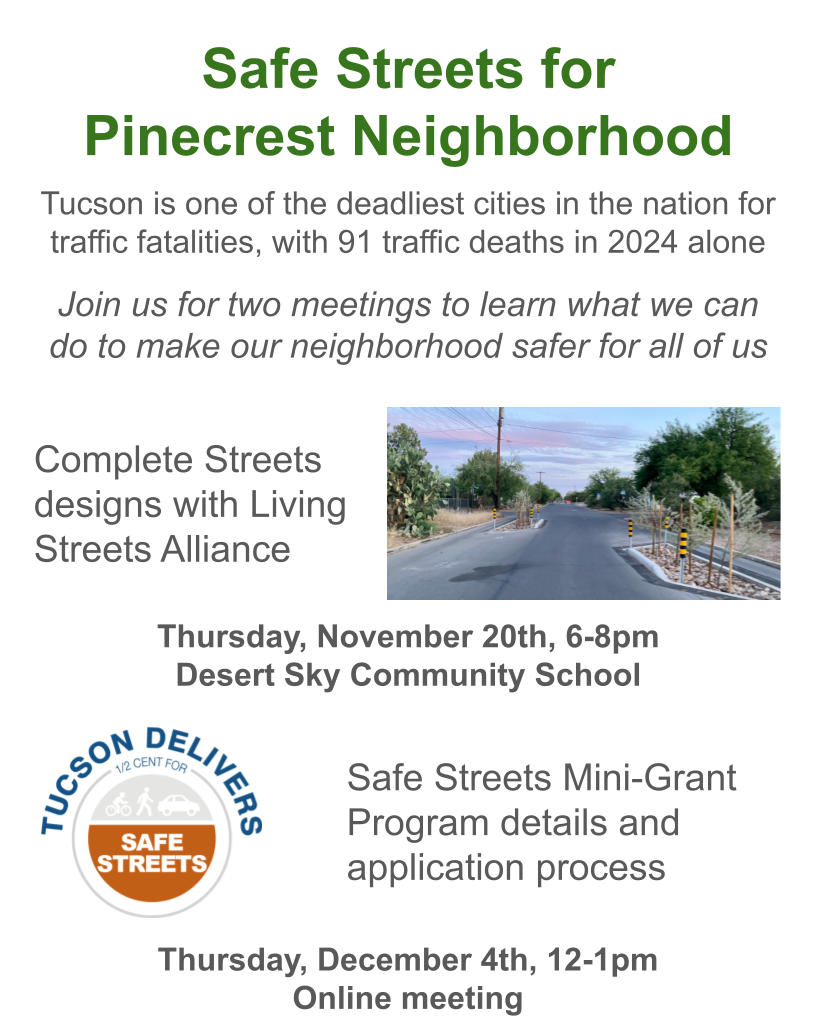 Flyer for Safe Streets Pinecrest meetings on 20 November and 4 December 2025.